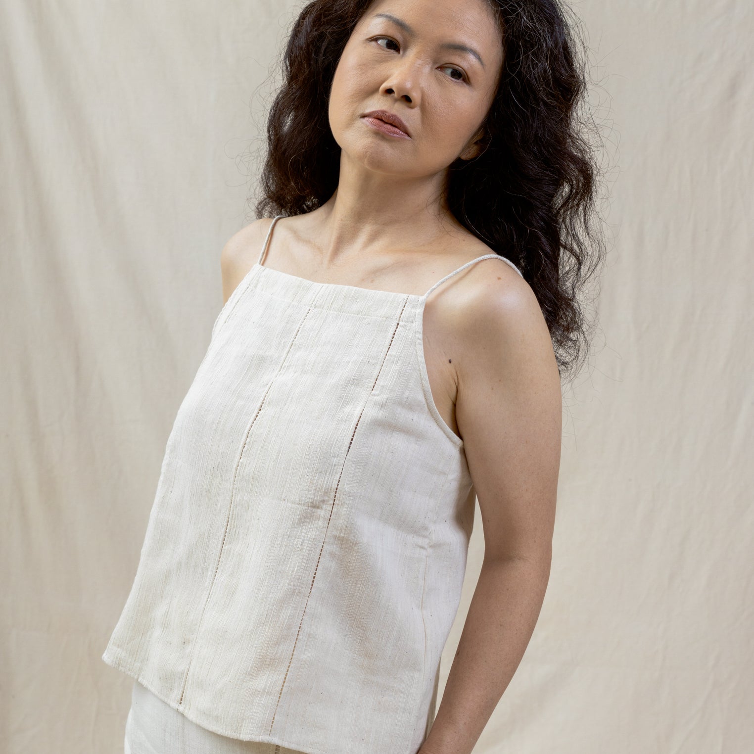 basic tank made of regenerative cotton with hemstitched details