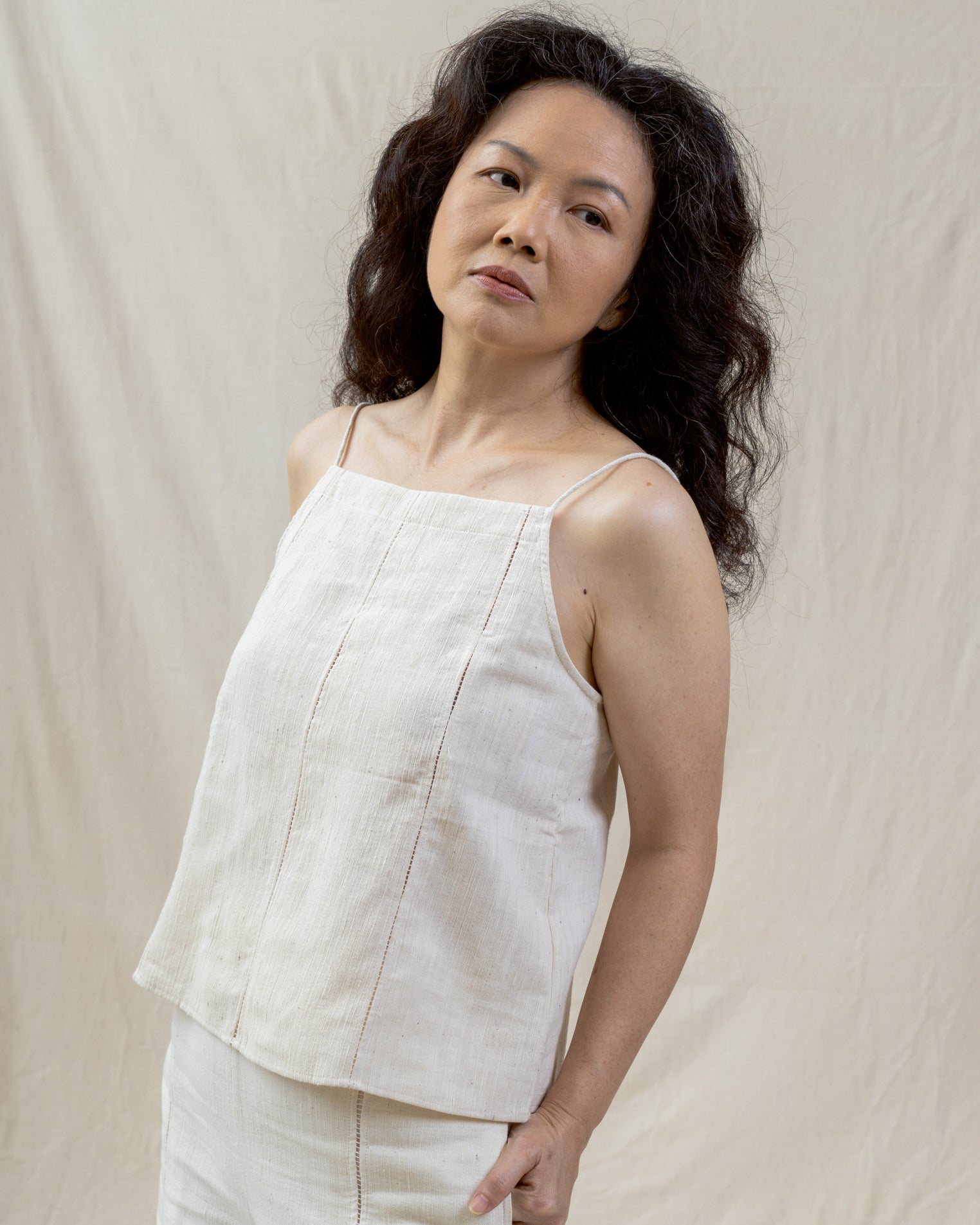 basic tank made of regenerative cotton with hemstitched details
