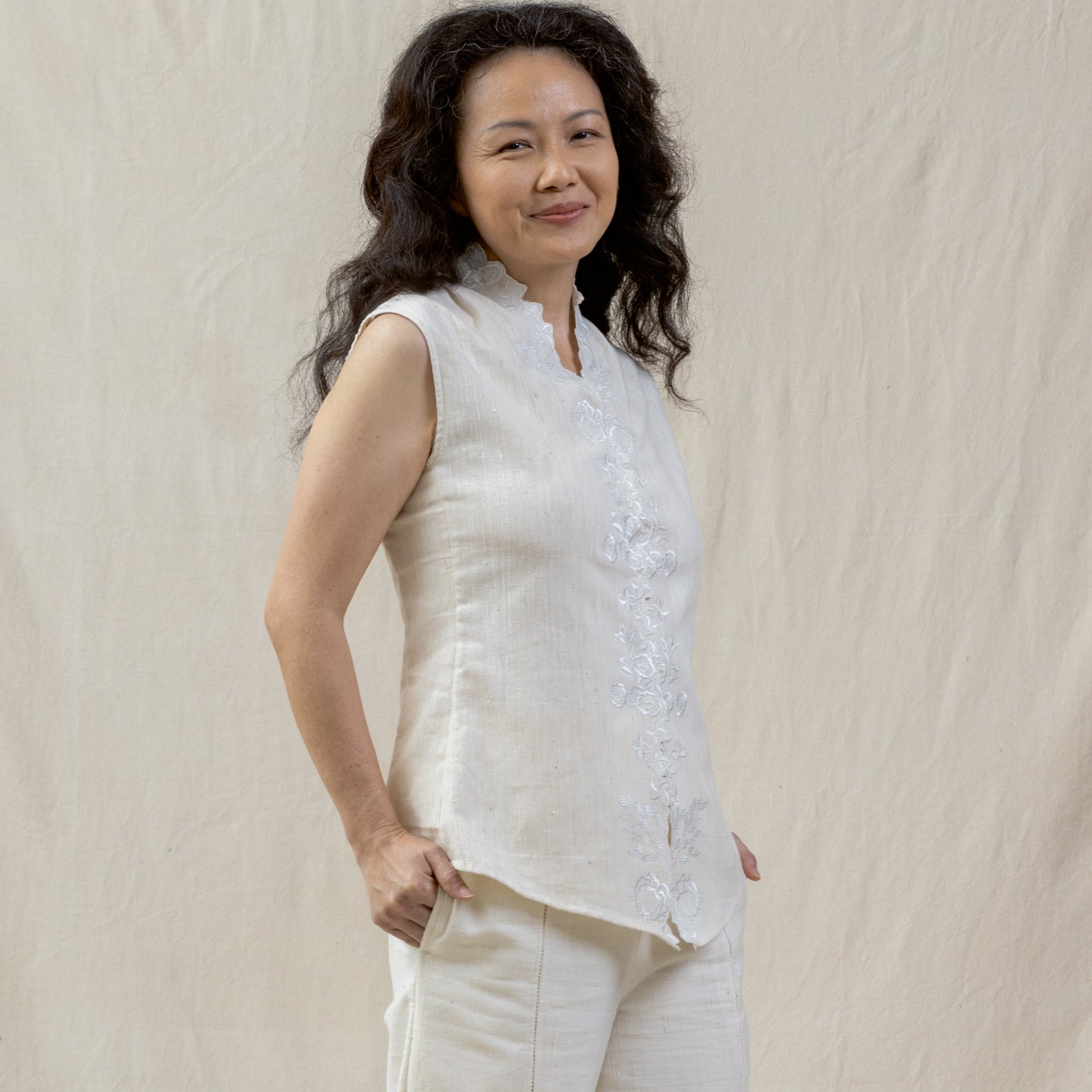 embroidered white tank from regenerative cotton