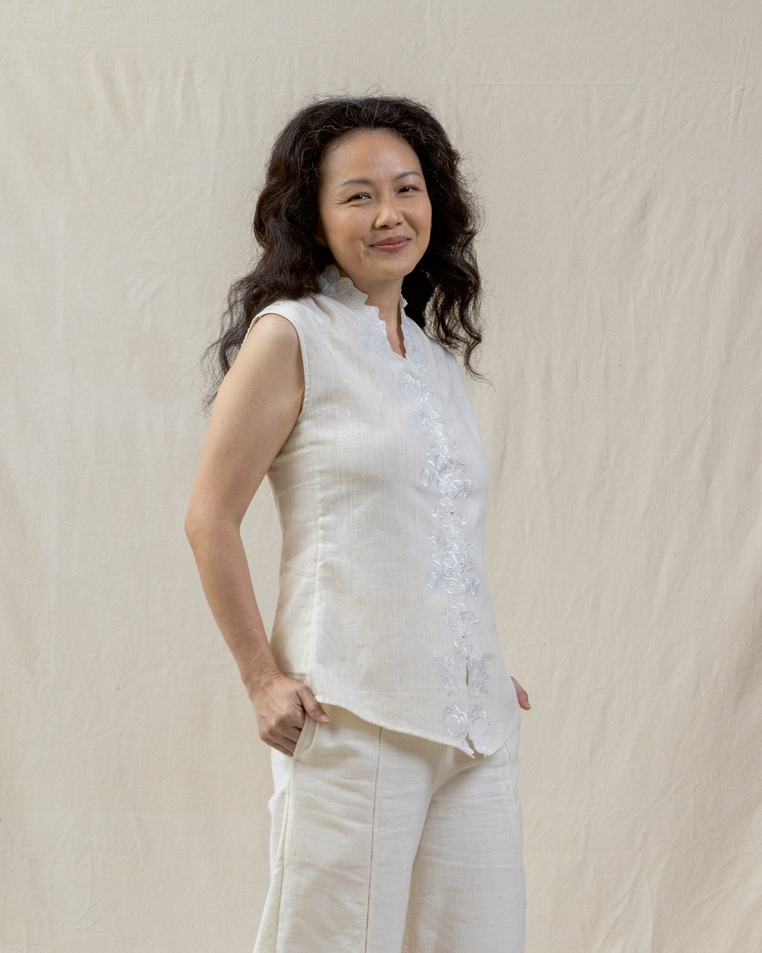 embroidered white tank from regenerative cotton